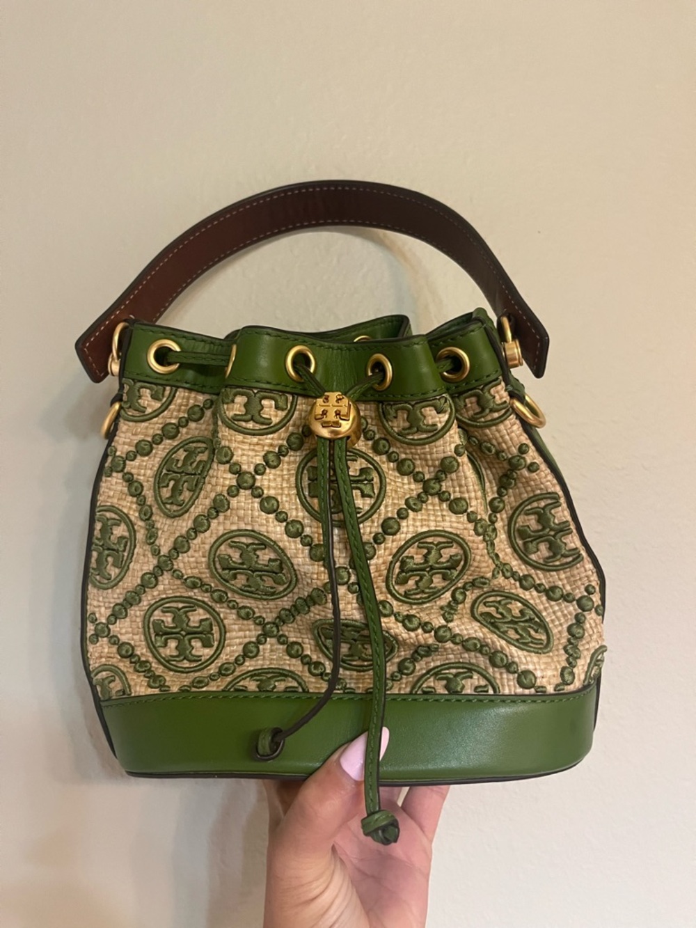 Tory Burch Green and Tan Logo Drawstring Mini Bucket Bag